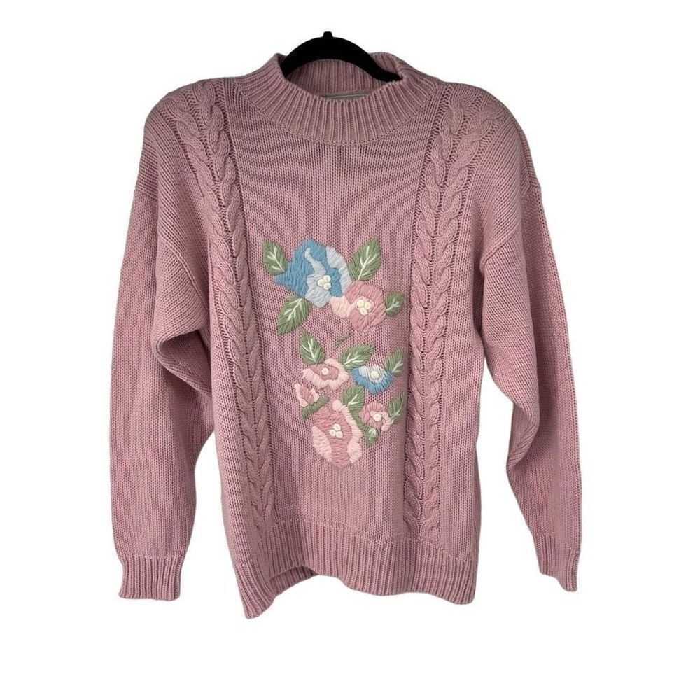 Vintage‎ Pink Crewel Floral Sweater